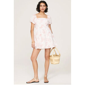 Louna Tiered Floral Mini Dress L Pink Floral White Tie Back Beach Resort Women's